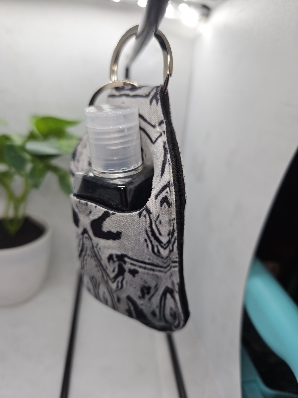 Gray Patterned Fabric Key Ring Hand Sanitizer Holder